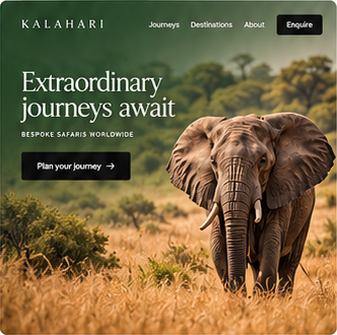 Concept safari travel website with an elephant on the savannah